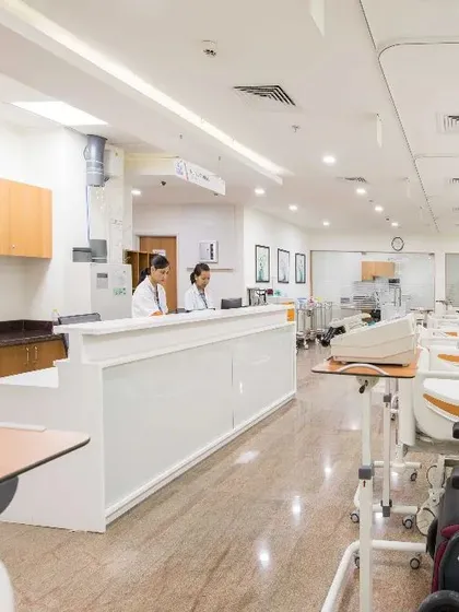 This view of a nurses' station and ward at Aakash Healthcare demonstrates our forward-thinking approach to hospital planning. By designing with flexible service layouts and anticipating departmental growth, we create facilities that can adapt to future technologies and evolving models of care without major structural changes.