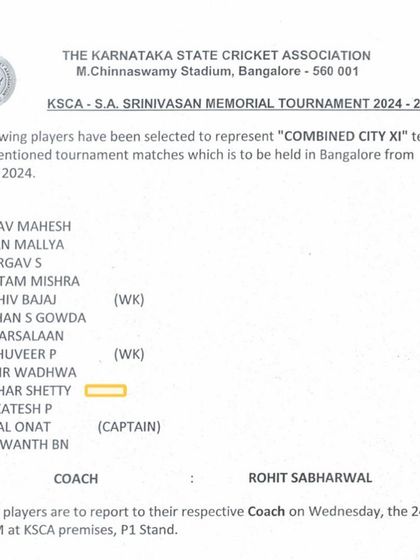 Congratulations to Shikhar Shetty on his selection to the KSCA Combined City XI for the Under-23 Zonals. This is a testament to your talent and perseverance.