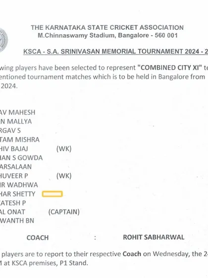 A snapshot of the official selection list for the KSCA Combined City XI, with our own Shikhar Shetty's name on it. This is what we work for.