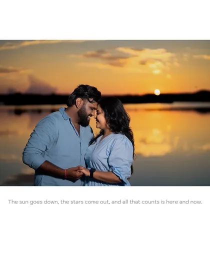 The setting sun reflecting on the water provides a stunning backdrop for this romantic couple portrait.