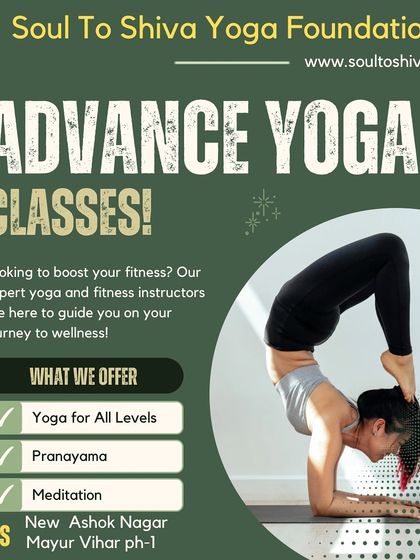 An announcement for our advanced yoga classes, featuring a student in a perfect Vrischikasana (Scorpion Pose), inviting you to join our journey to wellness.