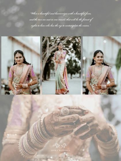 An artistic collage of the bride in her pastel-colored saree, combining full-length portraits with detailed close-ups.