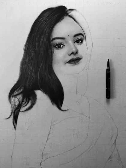 A portrait in progress. Here, the face and hair are complete, showing the high level of realism before the rest of the sketch is finished.