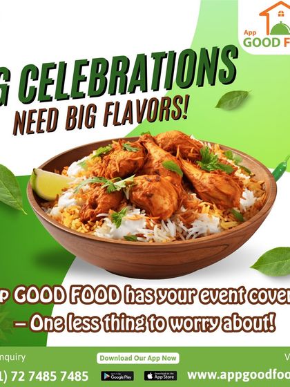 Big celebrations need big flavors. This vibrant graphic featuring a bowl of chicken biryani announces that we have your event covered, taking one less worry off your plate.