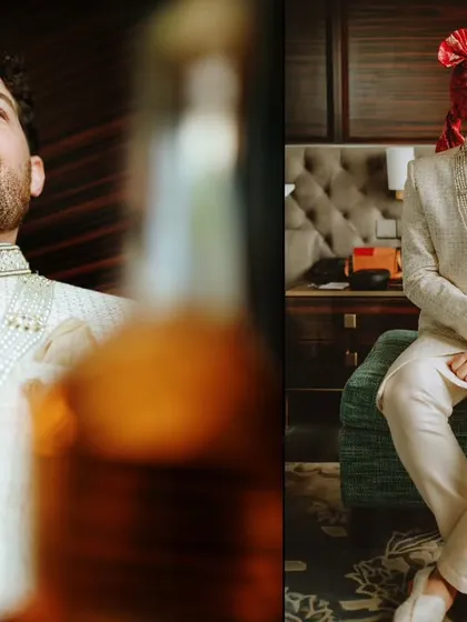 A collage of the groom, who is of Western origin, getting ready in a traditional Indian sherwani, showcasing the beautiful cultural exchange.