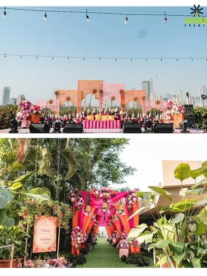 A collage showing the scale of our Mehendi decor, from the vibrant floral entrance to the grand stage with a city view.