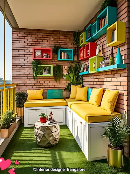 This balcony makeover focuses on creating a functional and cheerful social space. We installed a custom L-shaped bench with built-in storage drawers to maximize seating and keep the area tidy. The exposed brick wall is accented with colorful, multi-level box shelves for displaying books and decor, adding a playful yet practical touch.