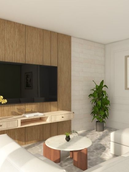 Another angle of the living room design, showing the comfortable white lounger sofa.