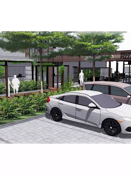 The floor plan for Risolo's Pizza was designed to optimize the use of space, providing ample parking and dining areas. The sketch shows how plants are incorporated at every interval to maintain an essence of greenery throughout the café.