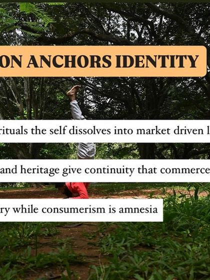 A handstand in a natural setting, illustrating how tradition anchors our identity. Without the rituals, language, and heritage of our culture, the self can dissolve into fleeting, market-driven trends.