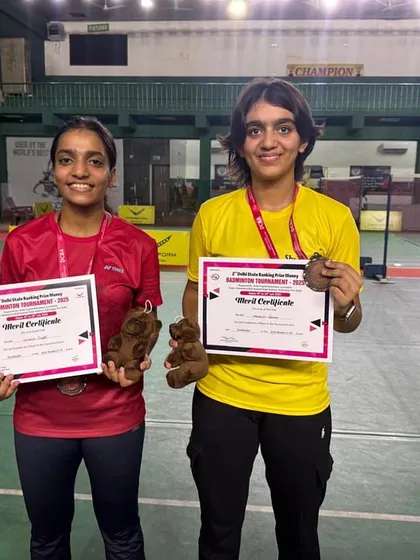 Manasvi and Shreeja with their bronze medals for the Girls Doubles U19 category at the Delhi State Championship. Their performance shows the strong competitive spirit I instill in all my players.