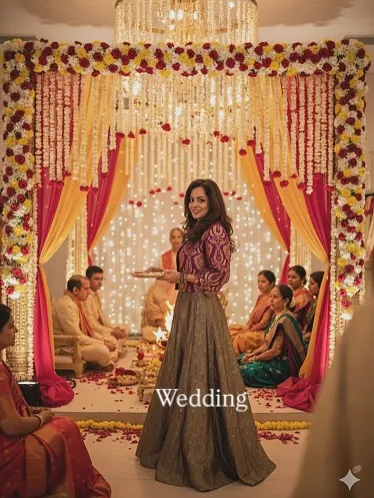 For a formal wedding ceremony, the same outfit feels regal and elegant. The rich texture of the brocade skirt and jacket stands out, making you feel put-together and special.