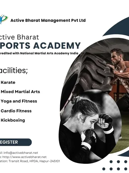 See how our partners leverage our brand. This is a promotional graphic from Active Bharat Sports Academy in Hapur, an accredited NMAA center, showcasing the variety of training they offer, including karate, MMA, yoga, and kickboxing, all under our recognized banner.