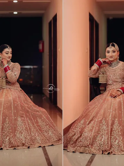 Two beautiful portraits of the bride, showcasing her elegant lehenga and flawless makeup from different angles. A truly timeless Sikh bridal look.