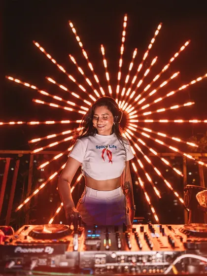 A full view of my DJ setup on the rooftop stage in Nagpur. I use professional Pioneer DJ equipment to deliver the best sound for every event.