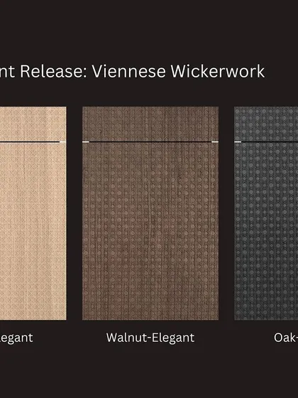 A sample board showing the new Viennese Wickerwork front release in three elegant finishes: Oak-Elegant, Walnut-Elegant, and Oak-Black.