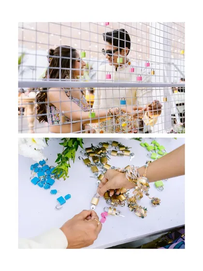 A collage showing the couple and guests attaching personalized locks to the love lock wall, a beautiful and interactive wedding tradition.