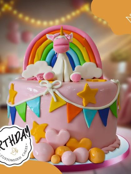A magical unicorn and rainbow cake, decorated with colorful bunting and hearts. This pink cake is full of joy and perfect for making birthday wishes come true.