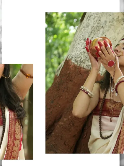 A composition focusing on the ritualistic aspects of the shoot, showing the model blowing a conch shell, a symbol of sacred sound.