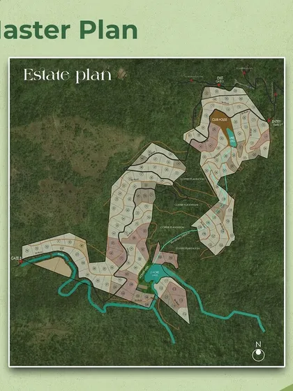 This is the master plan for our 'Somewhere Over The Rainbow' estate. It details the thoughtful layout of plots, natural water bodies, and green spaces, designed to create a harmonious community in nature.
