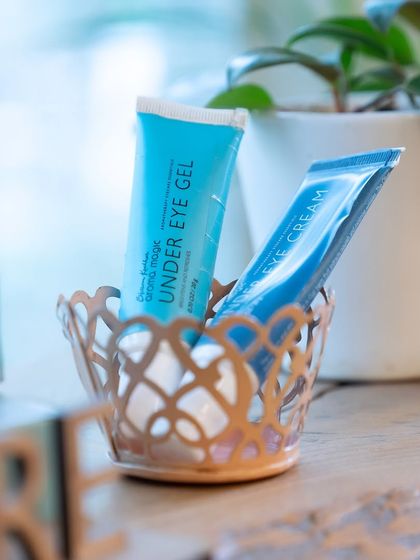 Don't forget the delicate eye area! I offer specialized under eye gels and creams to target dark circles and puffiness.