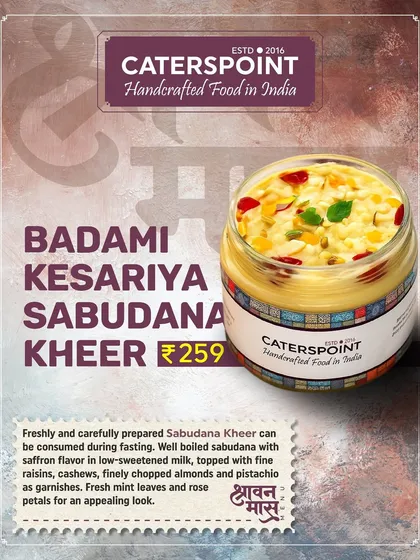 End your fast on a sweet note with our Badami Kesariya Sabudana Kheer. It's a creamy dessert made with well-boiled sabudana, saffron, and topped with almonds and pistachios.