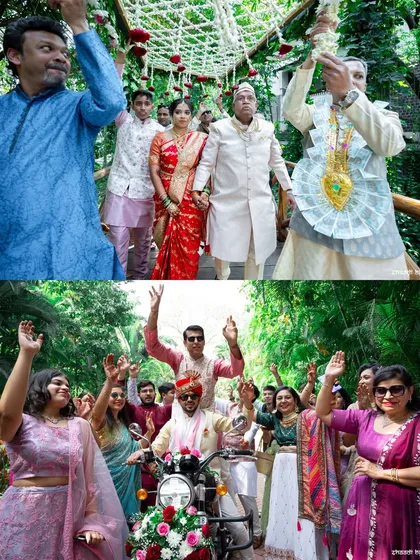 The groom's grand baraat entrance on a Royal Enfield and the bride's entry with her family.