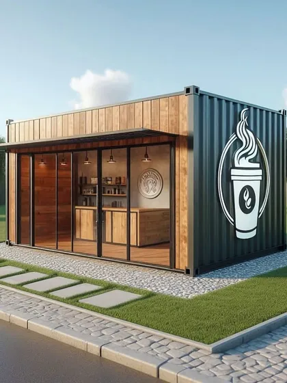 This container café design features a convenient service window and a clean, modern aesthetic. It's a highly efficient setup for a grab-and-go coffee business.