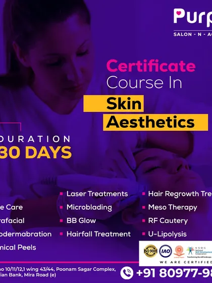 Specialize in high-value treatments with our 30-day Certificate Course in Skin Aesthetics. This program focuses on popular services like Hydrafacial, microdermabrasion, chemical peels, laser treatments, and BB Glow.