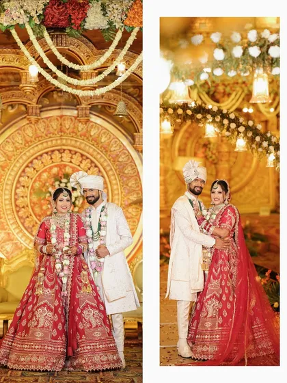 A side-by-side comparison of the couple's portraits, showcasing the beautiful details of their wedding outfits.