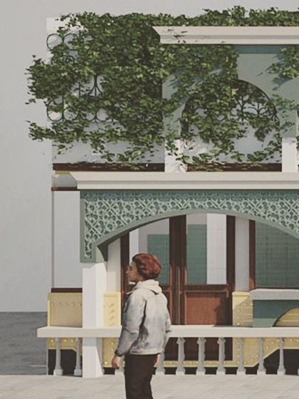 An early conceptual render for the Soley Cafe facade, exploring the use of traditional arches and greenery.