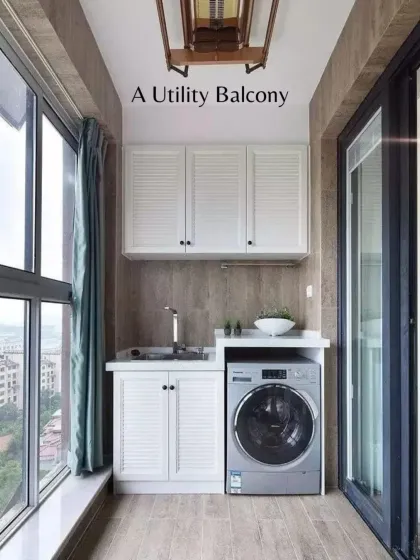 Laundry doesn't have to invade your living space. We designed this utility balcony with a dedicated spot for the washing machine, a small sink, and overhead cabinets for storage.