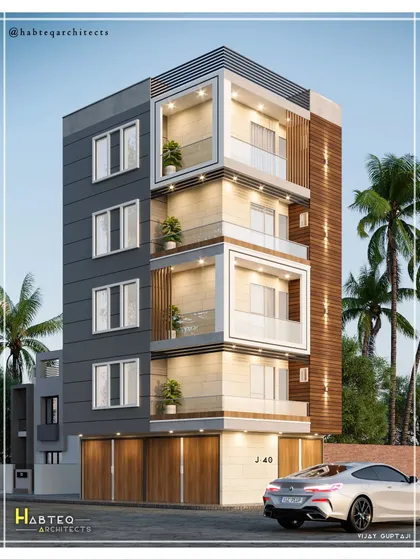 The 3D rendered design for a residential building on a 22'6"x30' plot. This is the vision we present to the client before construction begins, detailing the facade materials and final look.