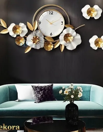 An elegant fusion of art and function, this wall clock showcases white and gold metal flowers, designed to be a beautiful focal point above a sofa or console table.