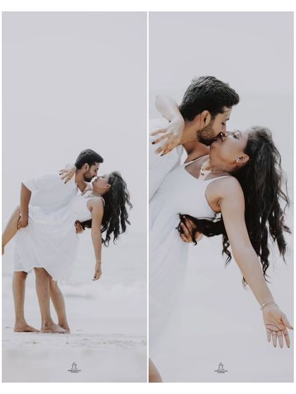 A collage of a couple in white, sharing playful and romantic moments on a serene beach.