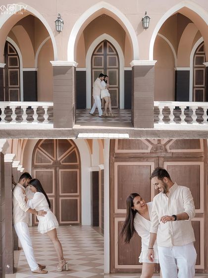 A collage from a shoot at a location with vintage European architecture. The checkered floors and grand doorways provide a unique and elegant backdrop.