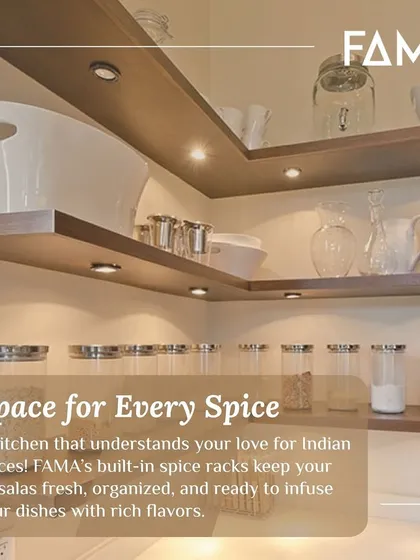 A kitchen that understands your love for Indian spices. My built-in spice racks and open shelving keep your masalas fresh, organized, and ready to infuse your dishes with rich flavors.