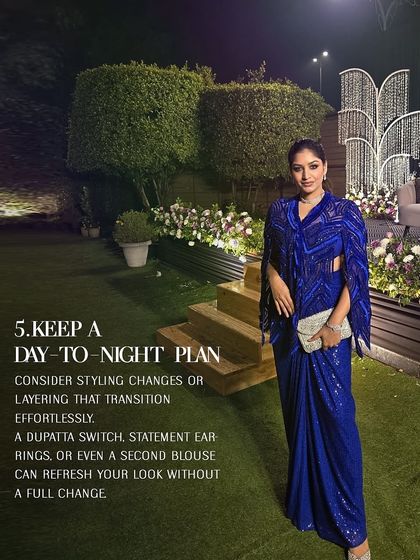 A client showcases a perfect day-to-night look in a stunning blue embellished sari, proving that a versatile silhouette can transition effortlessly.