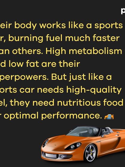 An informational carousel for people who can eat a lot without gaining weight. It explains that even with a high metabolism, they need nutrient-rich foods, especially healthy fats, and are often sensitive to substances like alcohol and sugar.