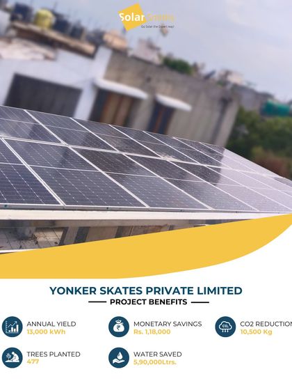 This solar installation for Yonker Skates Private Limited in New Delhi generates 13,000 kWh of clean energy annually. It saves the business ₹1,18,000 per year.