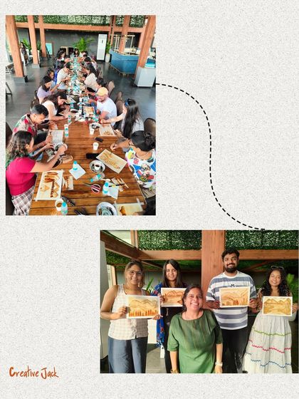 More scenes from a corporate art offsite, showing the team painting together at a long table and posing in smaller groups with their finished work.