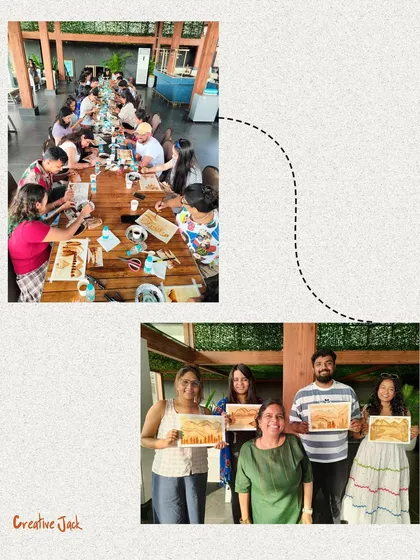More scenes from a corporate art offsite, showing the team painting together at a long table and posing in smaller groups with their finished work.