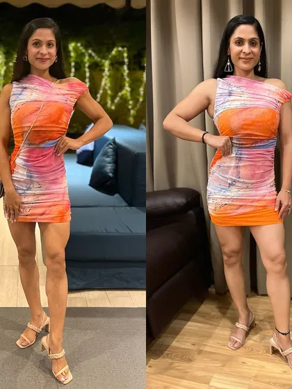 The same dress, one year apart. This shows the visual difference between being in a cutting phase (left) and a gaining phase (right). Both looks represent health and strength.