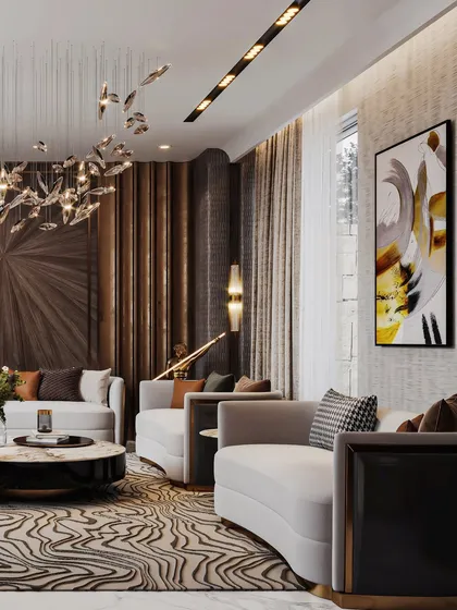 A wider view of the drawing room, showcasing the balance between the statement chandelier and the bold, abstract artwork. My rendering technique ensures every element, from lighting to art, contributes to a cohesive narrative.