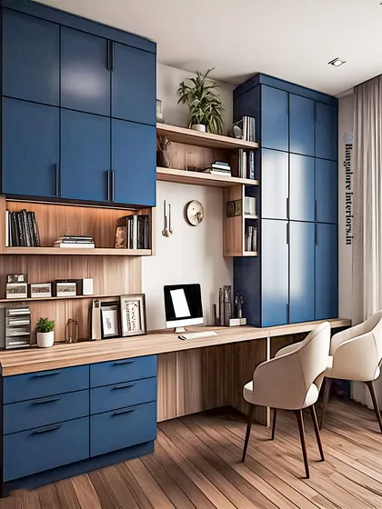 This custom study and storage unit shows how I use bold color to create a vibrant and productive workspace. The floor-to-ceiling cabinets in deep blue offer extensive storage, while the warm wood desk and backlit shelves provide a comfortable and well-lit area for two.