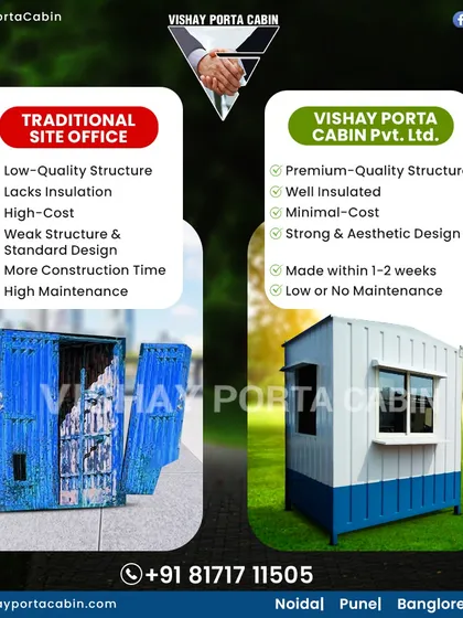 This graphic compares a low-quality traditional site office with our premium, well-insulated, and strong porta cabins that are built in 1-2 weeks with low maintenance.