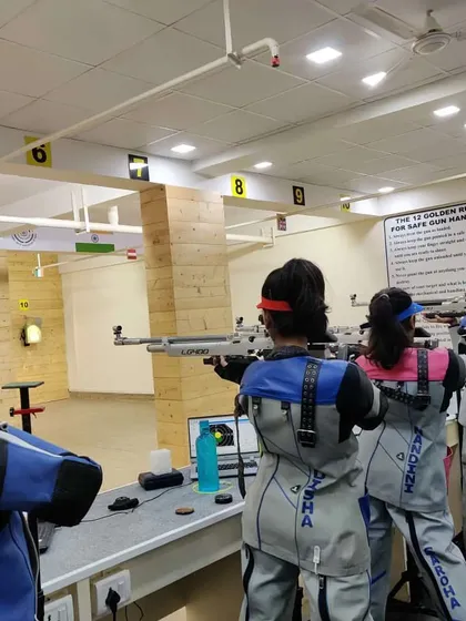 A line of our female rifle shooters in their full gear during the 4th Indian Revenue Open Shooting Championship held at our range.