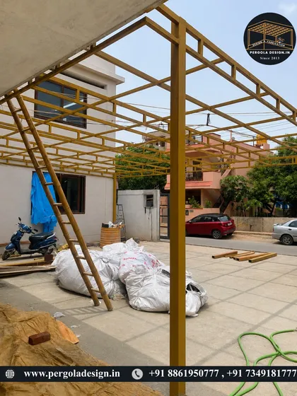 A closer look at the fabrication work in progress. You can see the clean welds and the robust grid pattern of the steel framework, designed to support the roofing material and withstand all weather conditions. Quality craftsmanship is at the core of every structure we build.