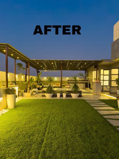 This "after" shot captures the completed terrace at dusk. The design includes a large pergola with multiple seating zones, a lush lawn, and ambient lighting that makes the space glow.