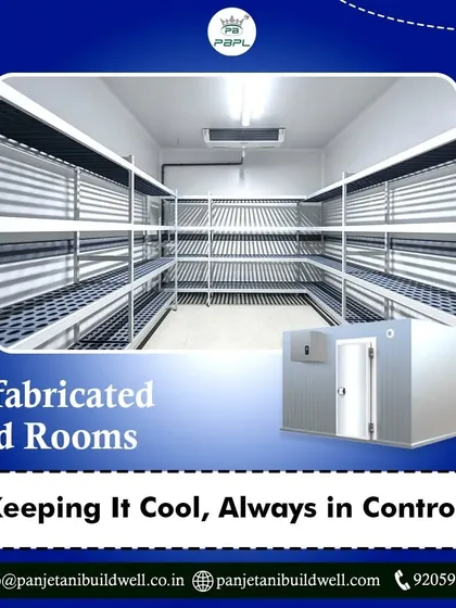 A prefabricated cold room with extensive shelving, designed for organized storage. We help you keep it cool and always in control, protecting food products with our cutting-edge storage solutions.